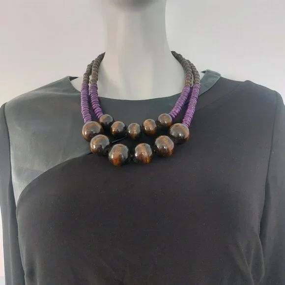 Brown Purple Wooden Beads Necklace 2 Layers Boho Earth Tone Statement Like New - Picture 8 of 9